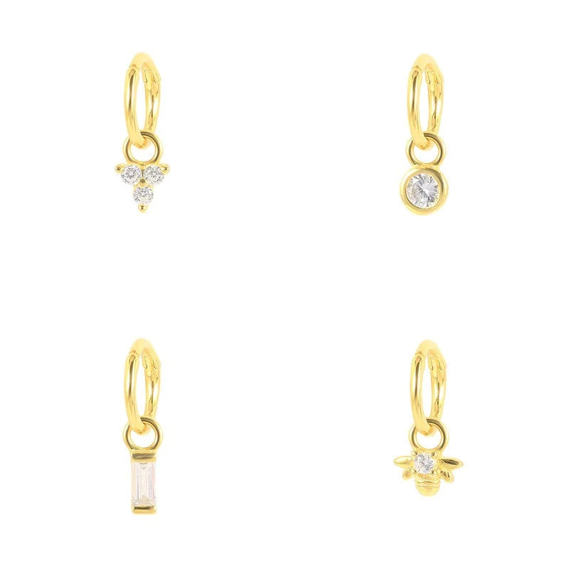 High End 925 Sterling Silver Rectangle Round Zirconia Bee Dangle Huggie Earrings Drop Single Earrings