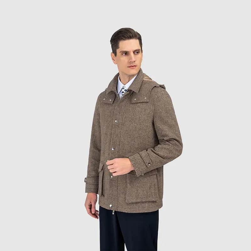 MTM  Mens Custom Safari Jacket Stylish Casual 100% Wool Herringbone Spring ODM Supply Zipper Closure Dyed Pattern Hunting Jacket