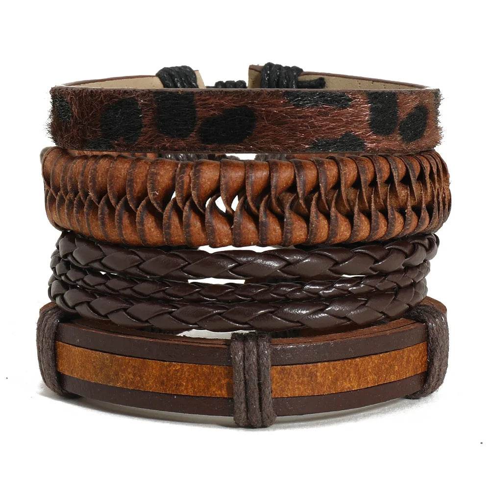 4pcs/Set Men Adjustable Vintage Brown Handmade Woven Leather Bracelet