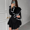 Enyami Elegant Autumn Winter Women Sweet Ruffle Tie Front Loose Retro Office Mini Dress Long Sleeve New Knitted Mini Dresses