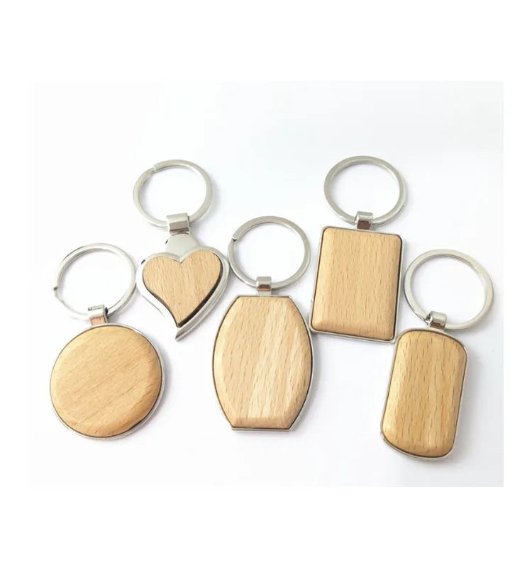 Metal Frame Blank Wooden Key Chain Wood Keychain Key Ring Wooden Key Tag for DIY Gift