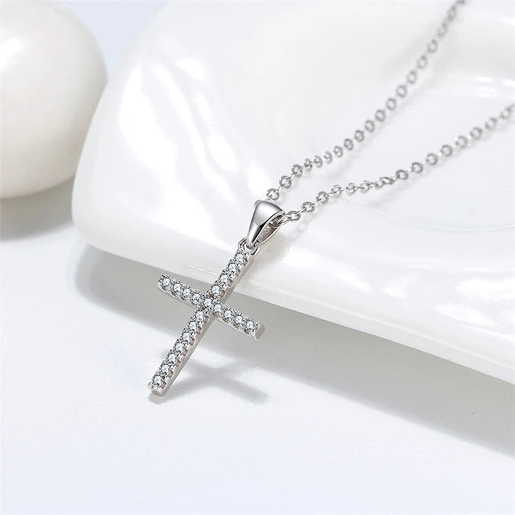 925 Sterling Silver Clear Cubic Zircon Exquisite Jewelry Charm Gemstone Cross Necklace