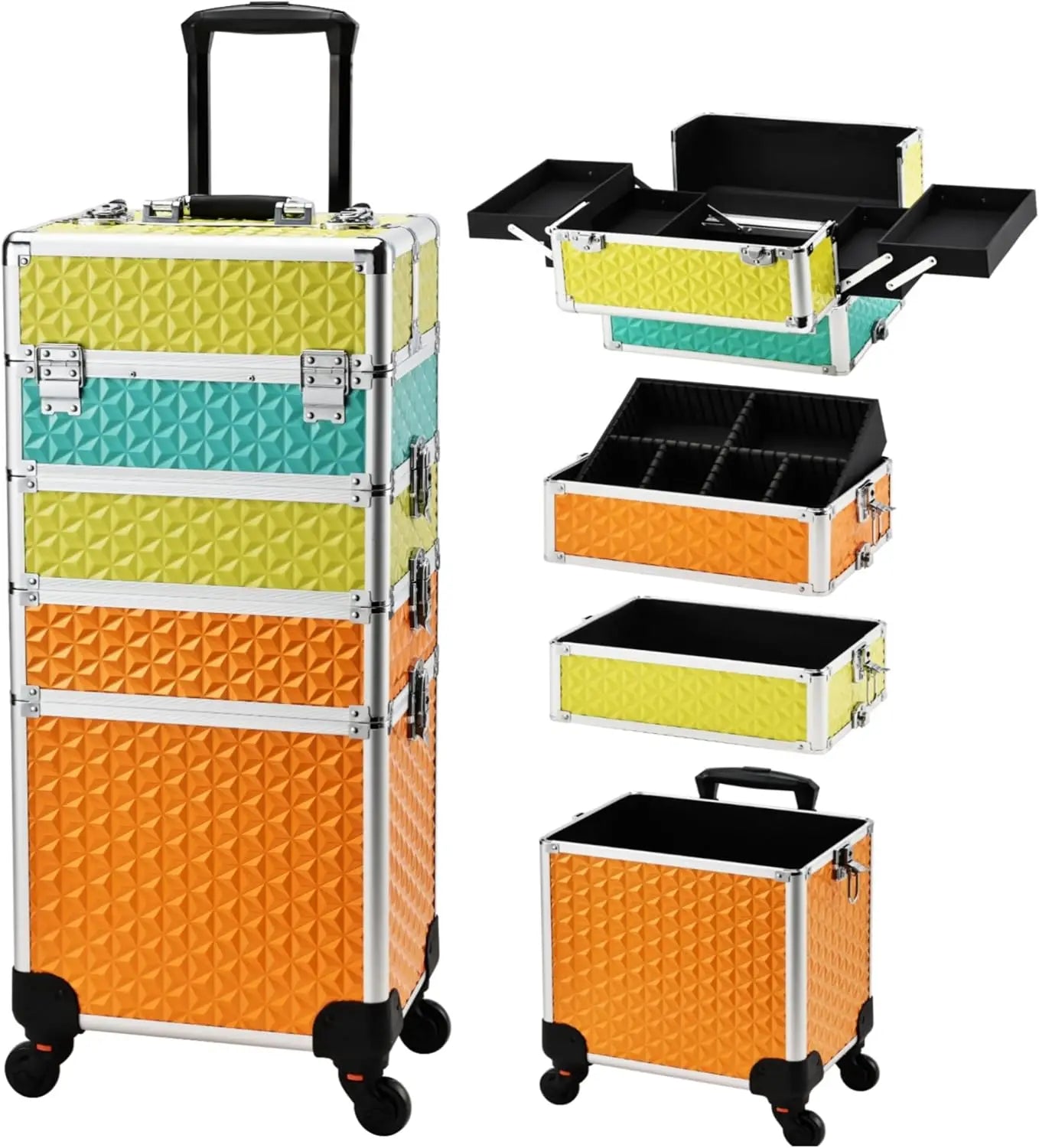 Best Selling Professional Rolling Trolley Makeup Case 4-in-1 Large Capacity Cosmetic Train Case Adjustable Dividers Open Travel