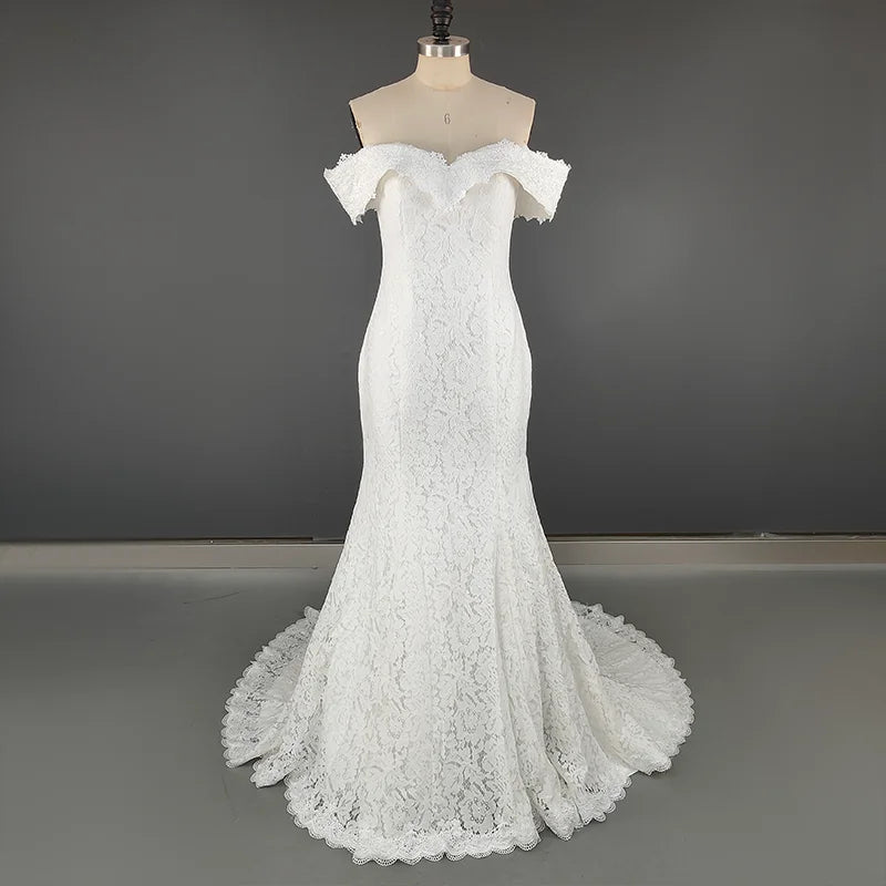 3230# Simple Off-Shoulder Trumpet Wedding With Sweep Train Dress Elegant Lace-up Appliques Lace Backless Bridal Gown REAL PHOTO