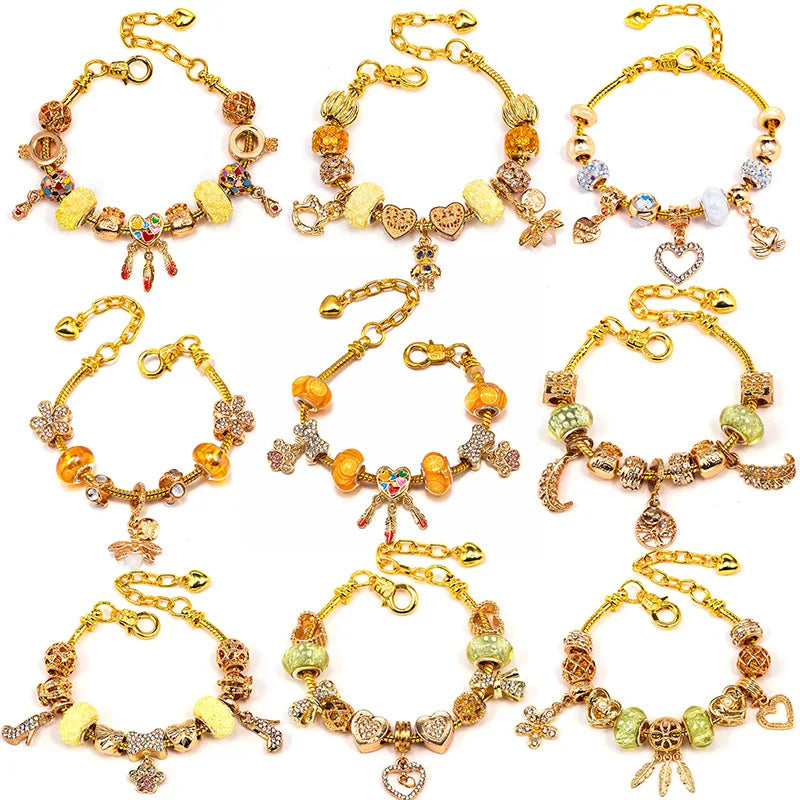 Wholesale Luxury 18k Gold-plated DIY Bead Bracelet with Adjustable Charm Heart-shaped Pendant for Girls Fashionable Jewelry Gift