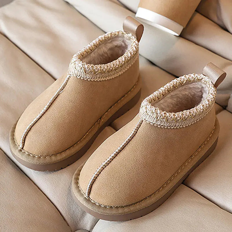 Wholesale Winter Snow Boots Fashion Fluffy Thick Sole Home Fur Faux Suede Anti-Slip Push Warm Shoes for Girls Boys Ladies Kids