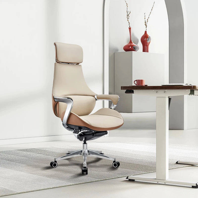 Wholesale High-Back Executive Genuine Leather Office Chair Adjustable Height Aluminium Base Boss Office Desk and Chair Set
