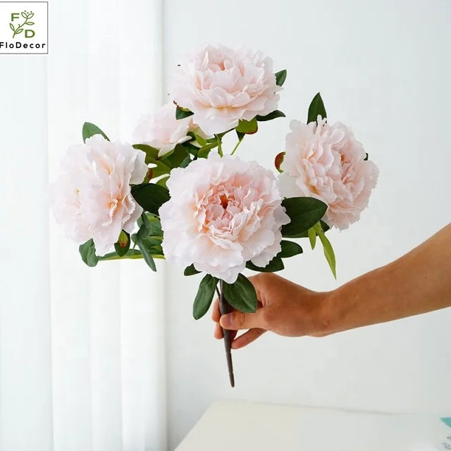 Wholesale Artificial Silk Peony 5 Heads Small White Bouquet Floral Arrangement for Valentine's Day and Wedding Home Decor