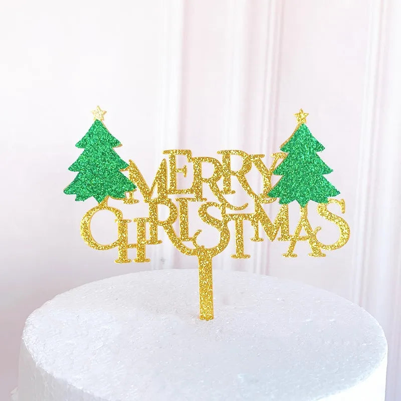 Cheap Mini Christmas Tree/Snowflake Cake Decoration Gold/Silver Glitter Merry Christmas Cake Topper for Christmas Party