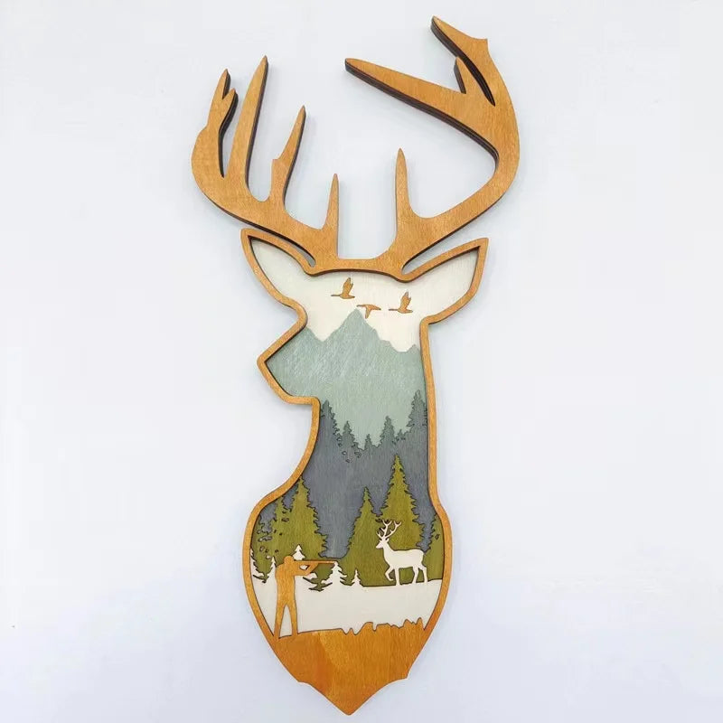 Hot Sale Engraved Animal Wall Art Decoration Home Ornament 3D Plywood Carved Natural Wood Color Christmas Deer Wall Hanging