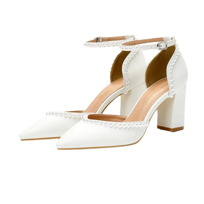 European American Pointed High Heels White Bridal Shoes Thick Heel Hollow One-Shoe Handmade Patch Pearl Women's Wedding Banquet