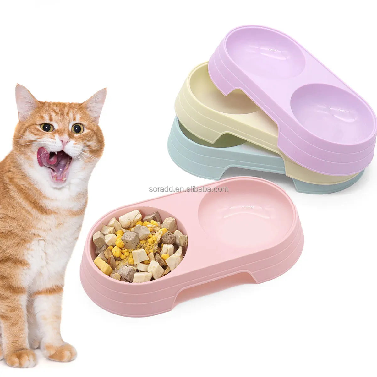Small Medium Size Plastic Pet Bowls Feeders Set Double Dog Cat Food Water Bowl Rounded Shape for Kennel Cattery & Puppies