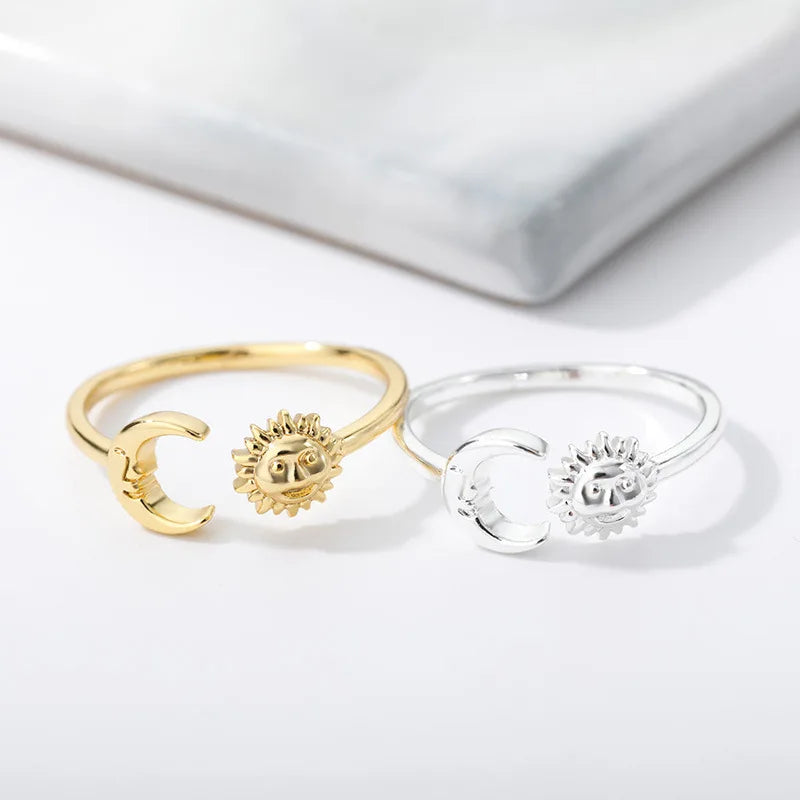 Minimalist Adjustable Fashion Jewelry Ring Cute Creative Sun and Moon Ring for Men Women