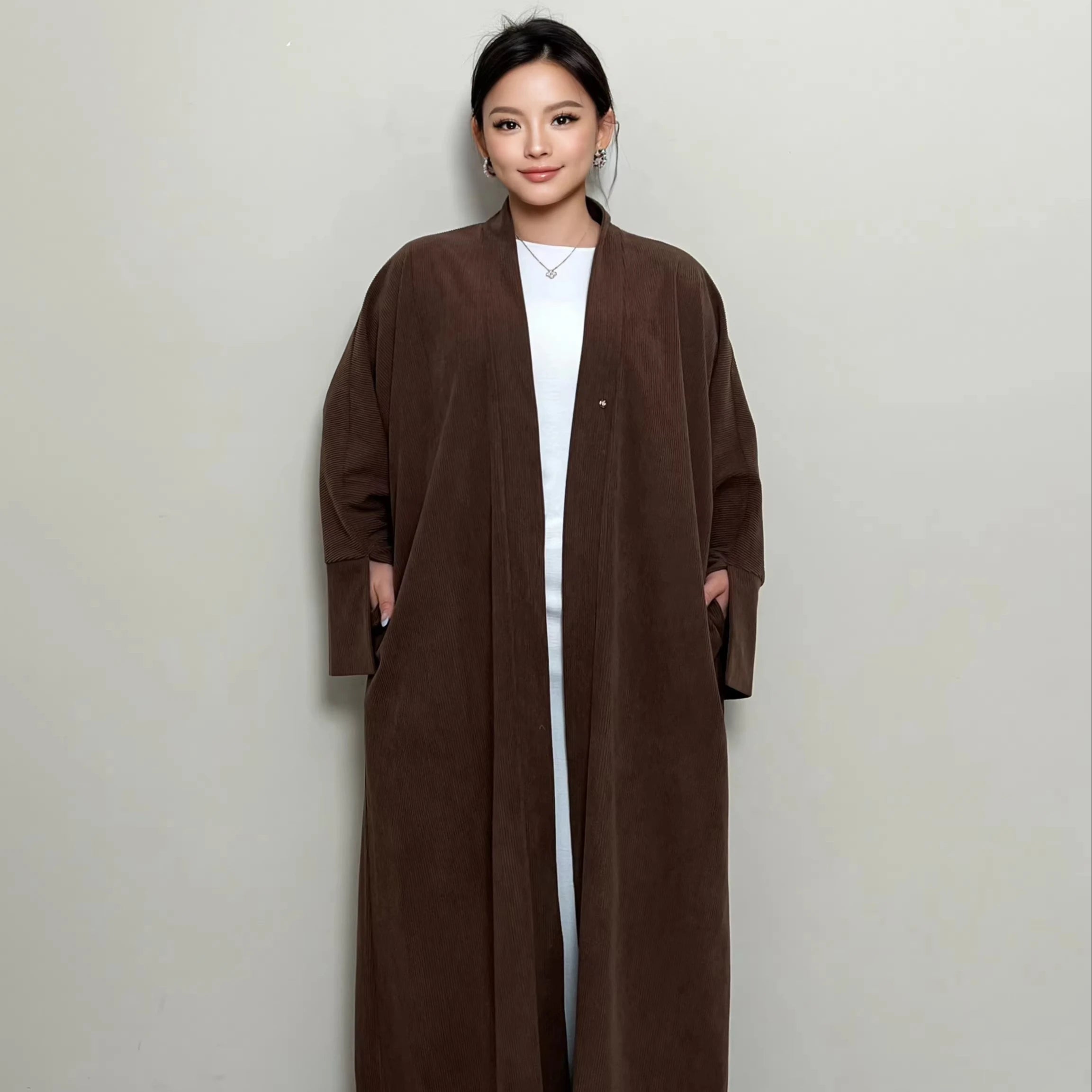 LM050 Coduroy V-neck Open Abaya Coat Cardigan Dress Clip Button Warm Autumn Winter Split Long Sleeve Pocket Daily Wear