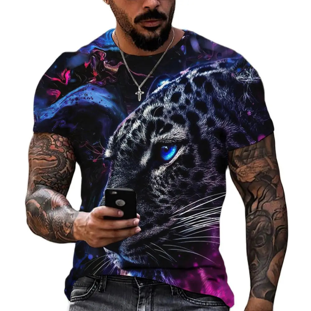 Fitspi Tiger Fighting Animal Beast Fierce Lion Leopard Print 3d T-shirt Men's Short Sleeve Tops Oversized Tees Shirt