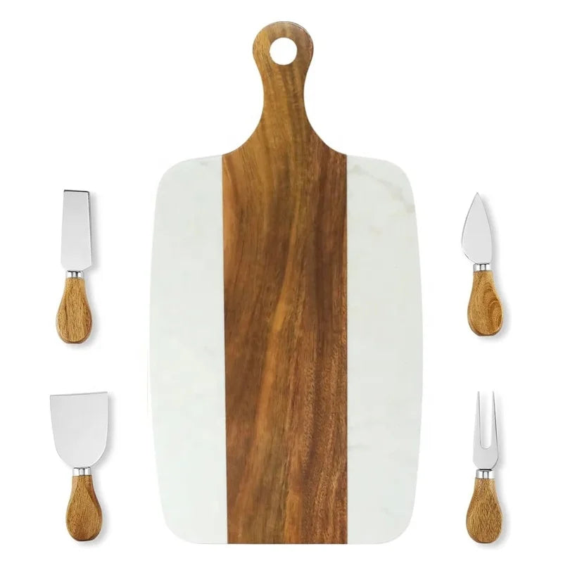 YINHAO Acacia Wood Cheese Board Cutting Board Marble with 4Pcs Cheese Knife Set Marble Cheese Board Set