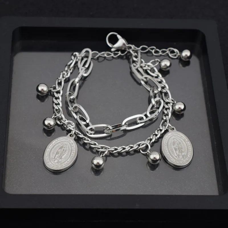Double Layer Virgin Mary Punk Stainless Steel Bracelet Trendy Niche Design Hip Hop Style Fashion Couple Jewelry Unisex Gift