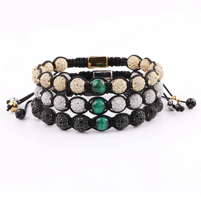Renting Jewelry New Design Luxury CZ Pave Disco Ball Green Tiger Eye Stone Woven Macrame Wrap Bracelet Women Men