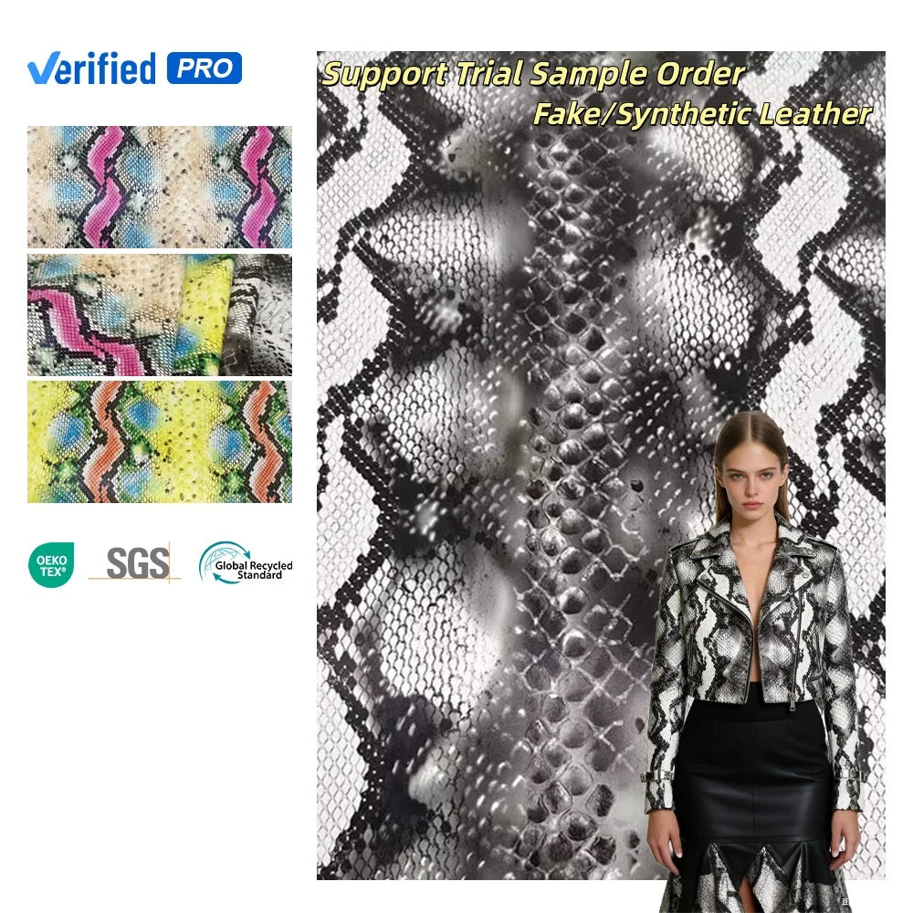 PFAS FREE Waterproof Printed Laminated Synthetic Leather Snake Skin Design Pu Polyester Spandex Fabric Stretch Garment