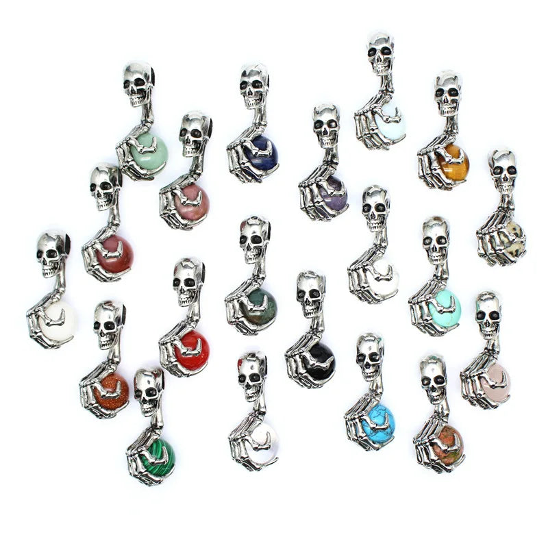 Vintage Making Natural Amethyst Rose Quartz Lapis Round Beads Skull Head Claws Pendant for Women Men