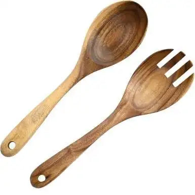 10.2-Inch Eco-Friendly Acacia Wood Modern Salad Servers Set with Long Handle Fork Spoon for Home Kitchen Dinner Mixing Salads