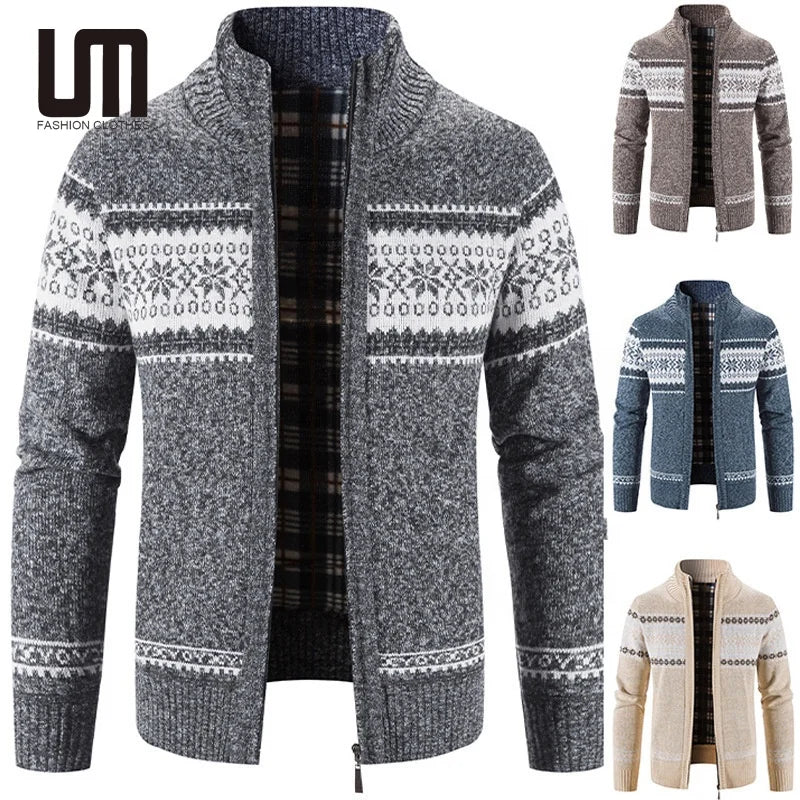 Liu Ming Fashion Men's Fall Winter Stand Collar Zipper Sweater Thick Knitted Cardigan Patchwork Color Long Sleeves Autumn