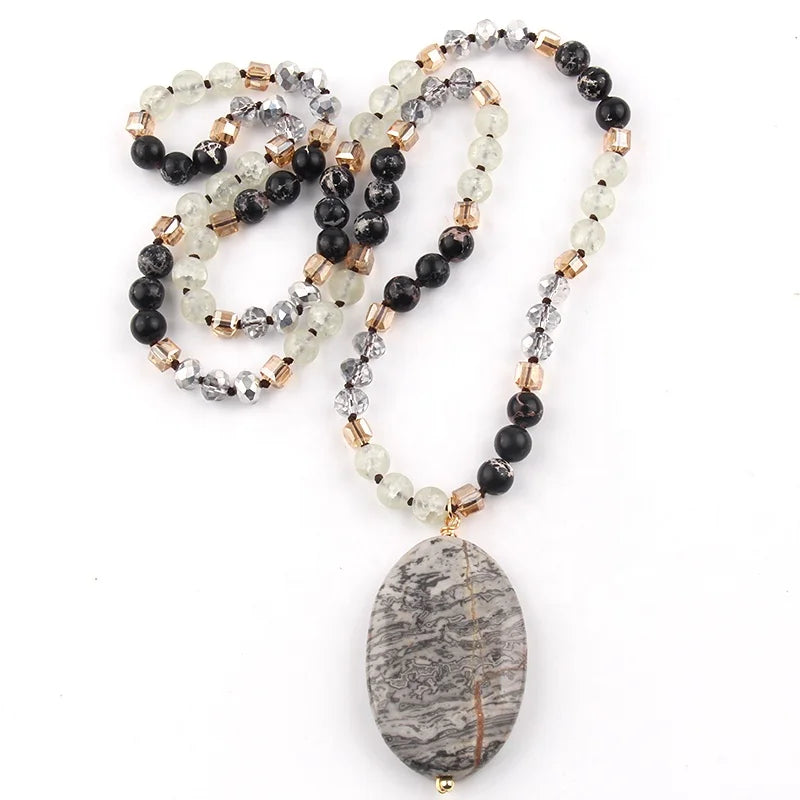 New Boho Gemstone Jewelry 8mm White Howlite Natural Stone Crystal Glass Necklace Oval Stone Pendant Necklace