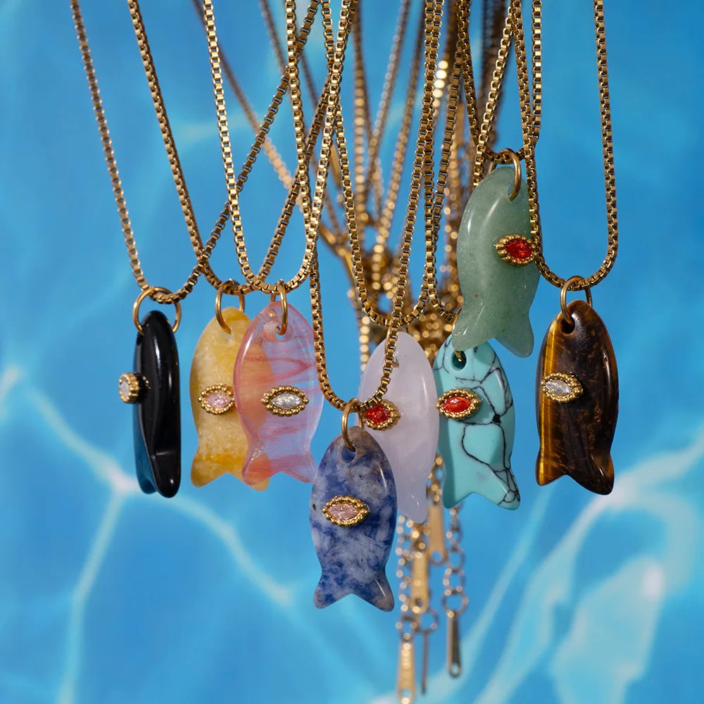 Summer Beach Turquoise Healing Jewelry for Women Colorful Crystal Turquoise Natural Stone Small Fish Stainless Steel Necklace