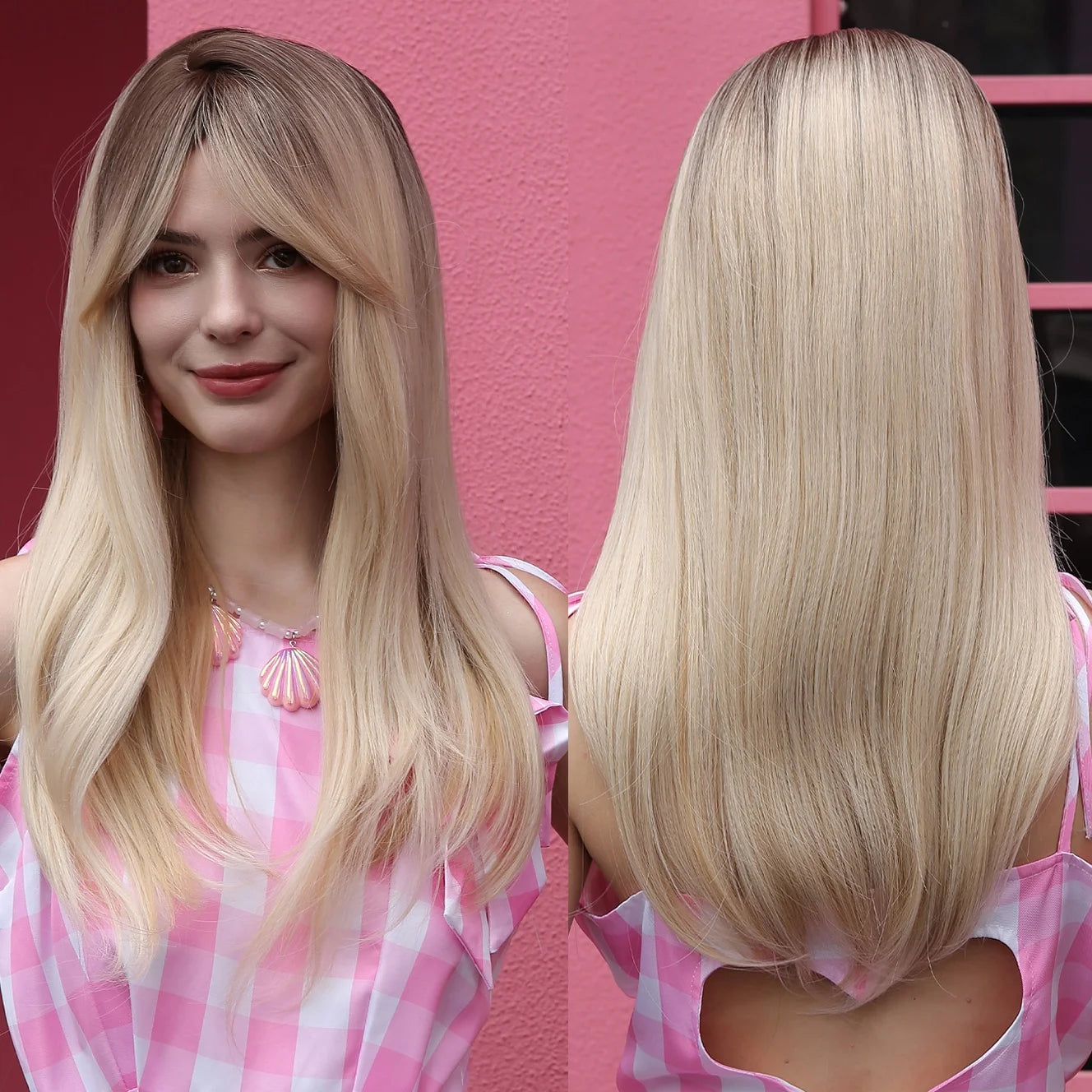Factory Fast Delivery Ombre Light Blonde Wig for Women Long Layered Straight Wigs with Bangs Synthetic False Hair