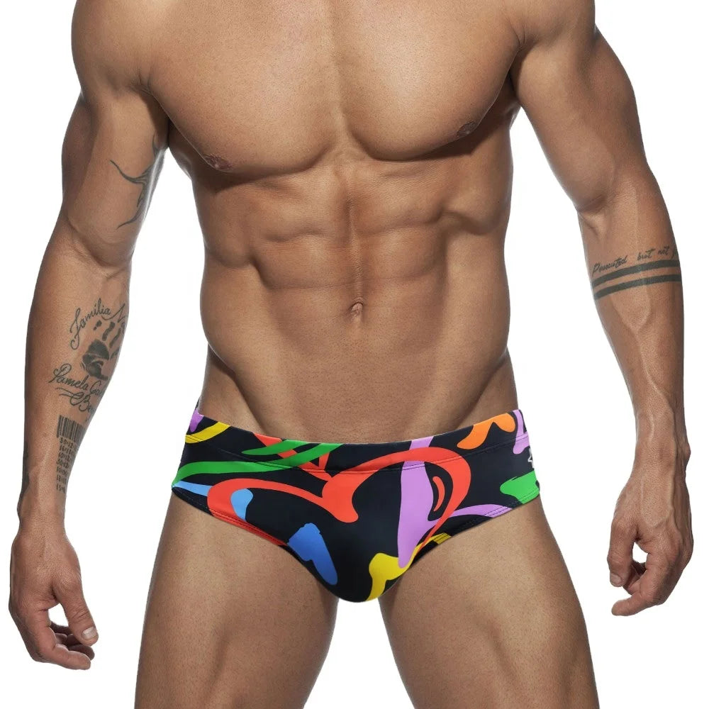 GZFZ-UXH309 Men's Graffiti Color Lines and Heart Pattern Triangle Swim Trunks Men's Fashion Swim Brief Recycled Fabric Swimwear