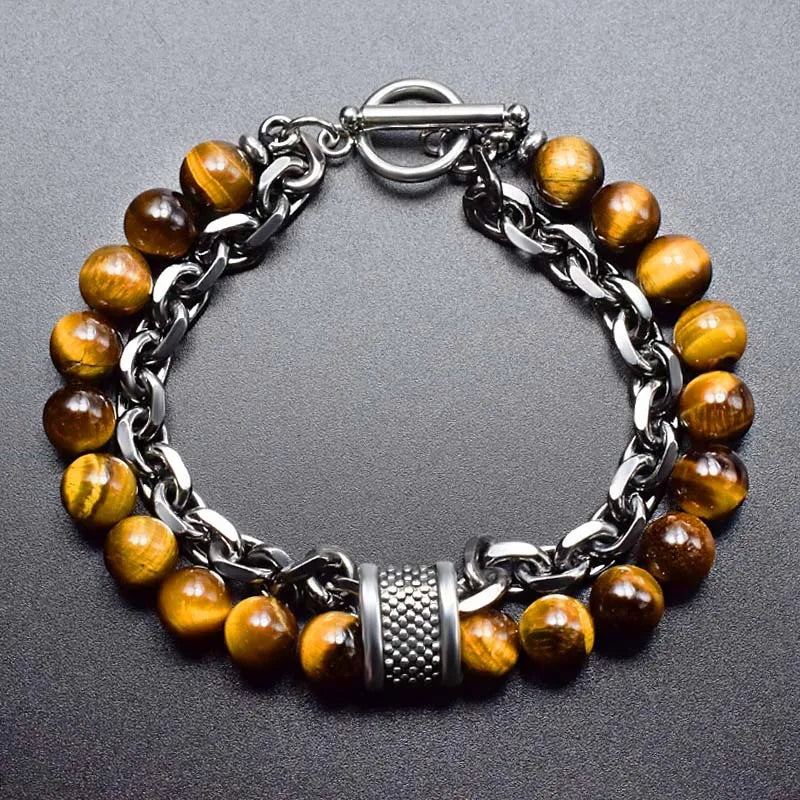 In Stock Stainless Steel Adjustable 8mm Tiger Eye Stone Spacer Bracelet 21CM Men's Beaded Bracelet Wholesale