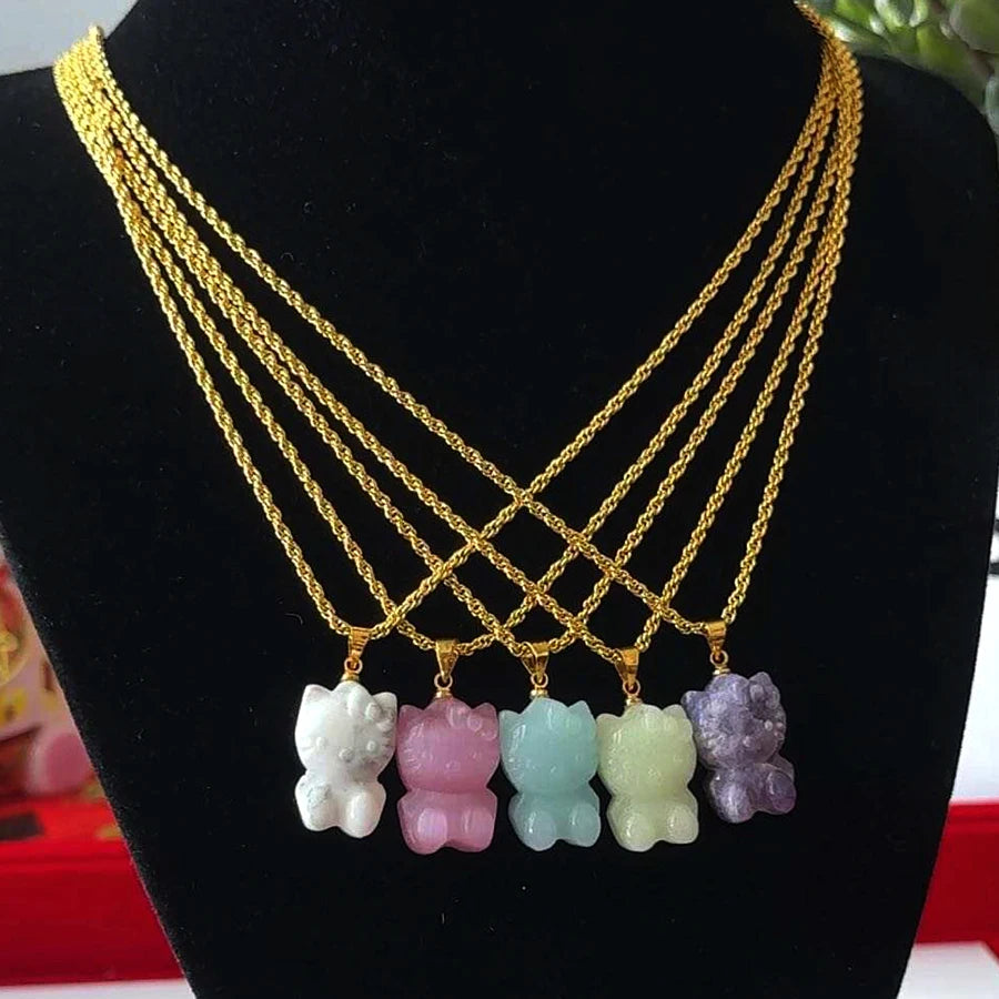 Wholesale 925 Silver Crystal Hello Kitty Necklace Pendant 2cm Natural Multi Gemstone Crystal Kitty Pendant for Gift