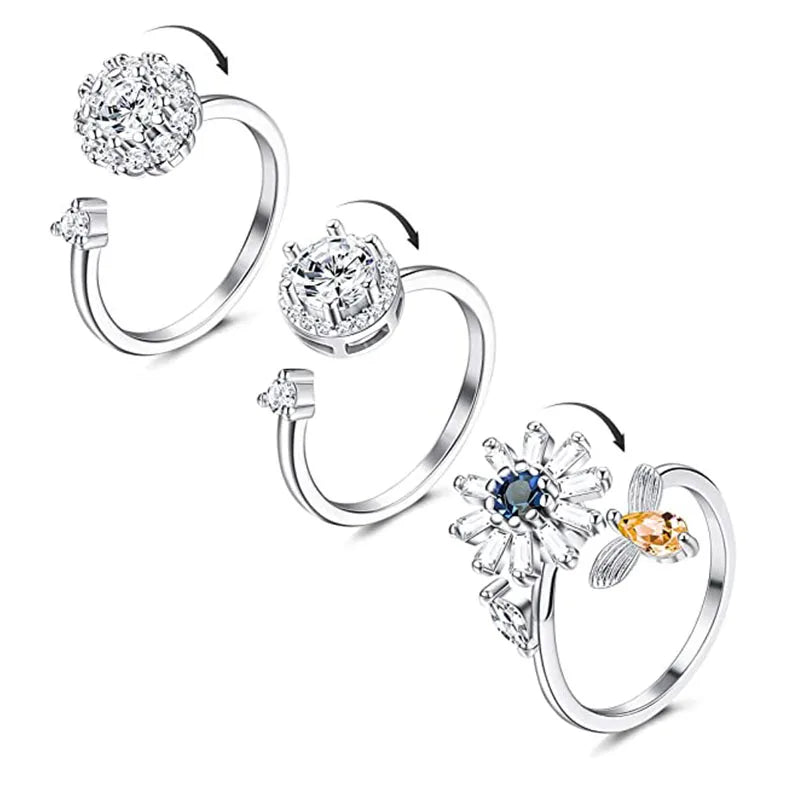 Cubic Zircon Adjustable Rotatable Calming Worry Meditation Ring Relieving Anxiety Stress Boredom Fidget Spinner Rings for Women