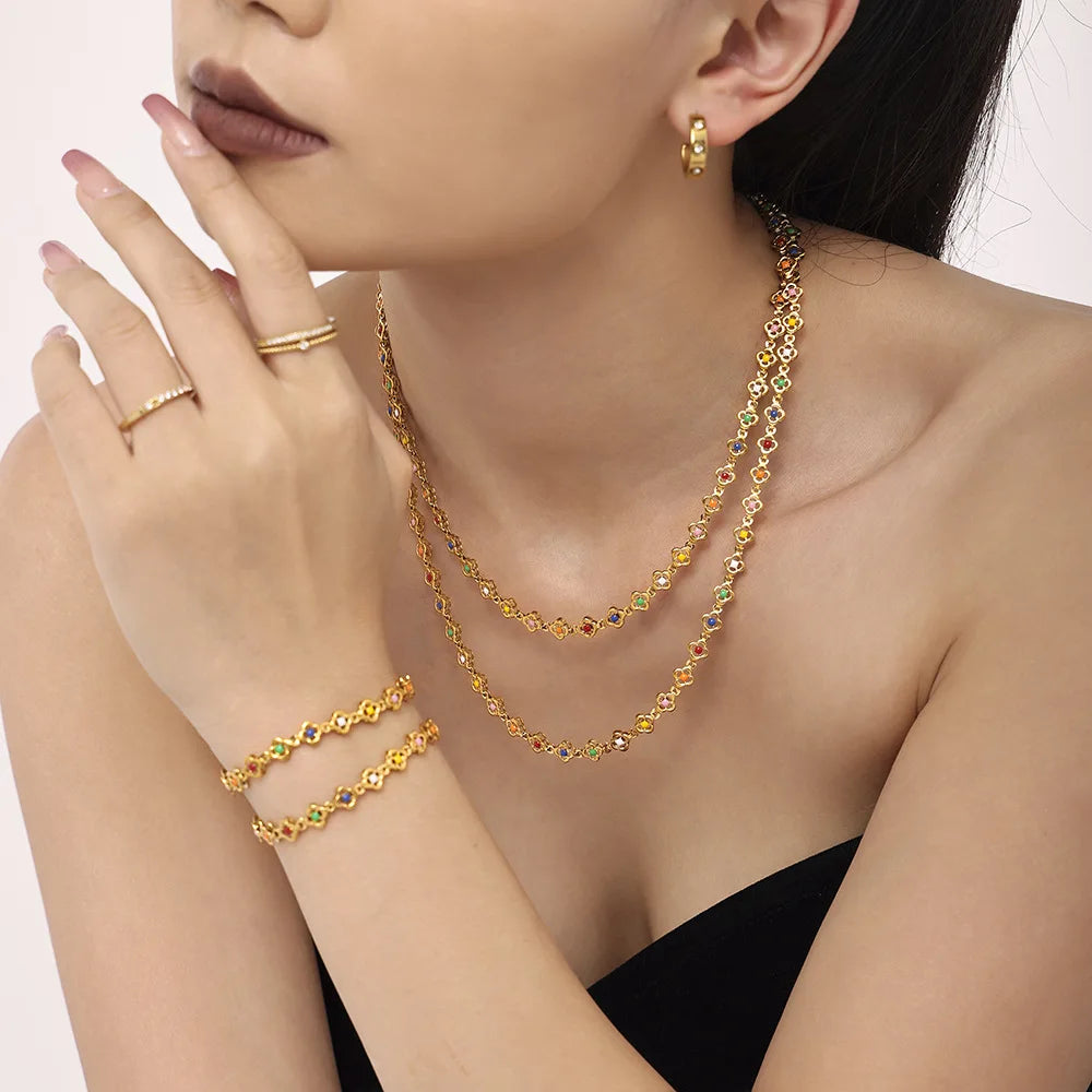 Ganku  Stainless Steel Small Flower Handmade Chain Colorful Enamel Necklace Bracelet Anklet Suit Accessories Daily Wear