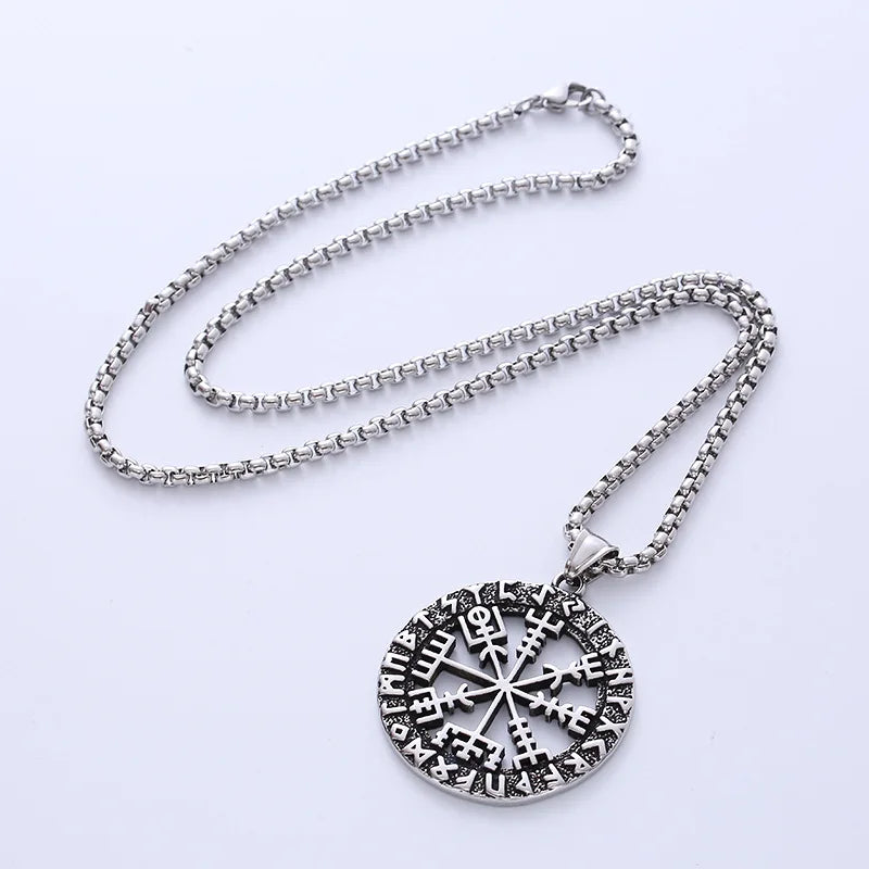 Vintage Stainless Steel Jewelry Rune Algiz Compass Viking Necklace Pendant