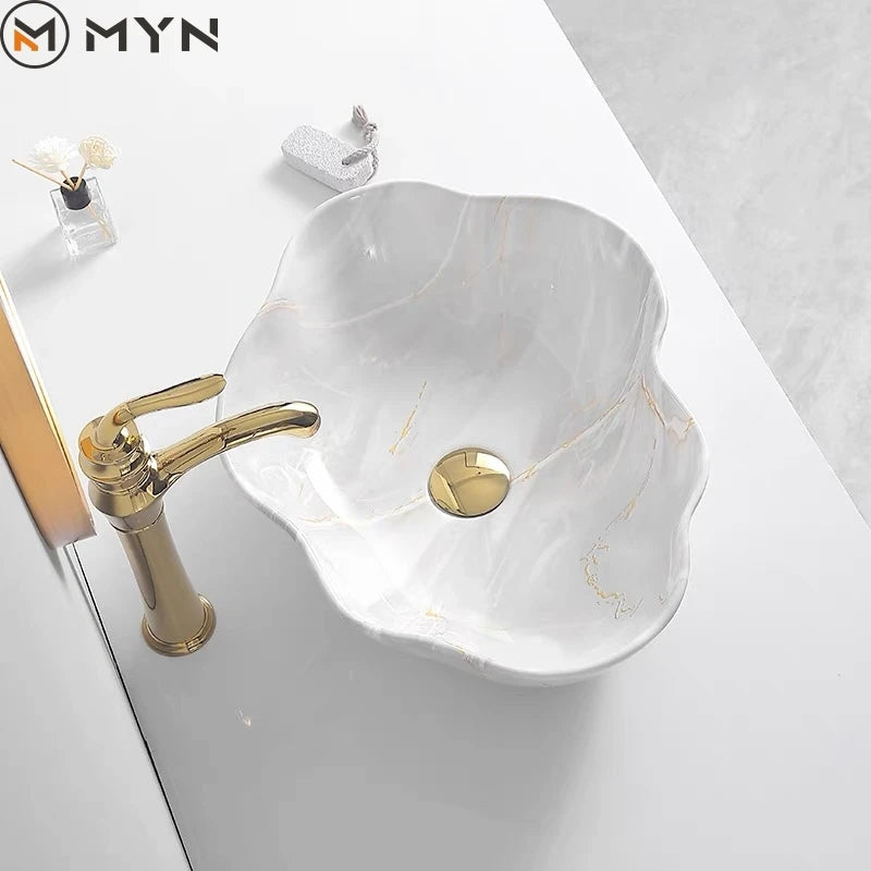 European Style Flower Shape Countertop Basin Ceramic Marble Washbasin Marble Bathroom Sinks Art Basin