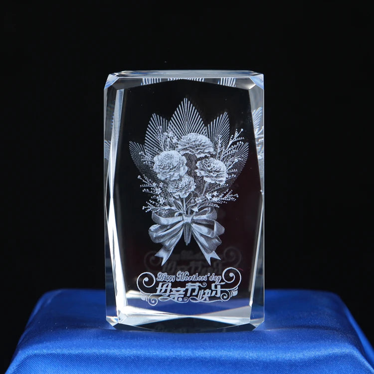 Small Bridge New Design Premium Unique Design Happy Mother Day Engraved Carnation Flowers Customized Crystal Cube