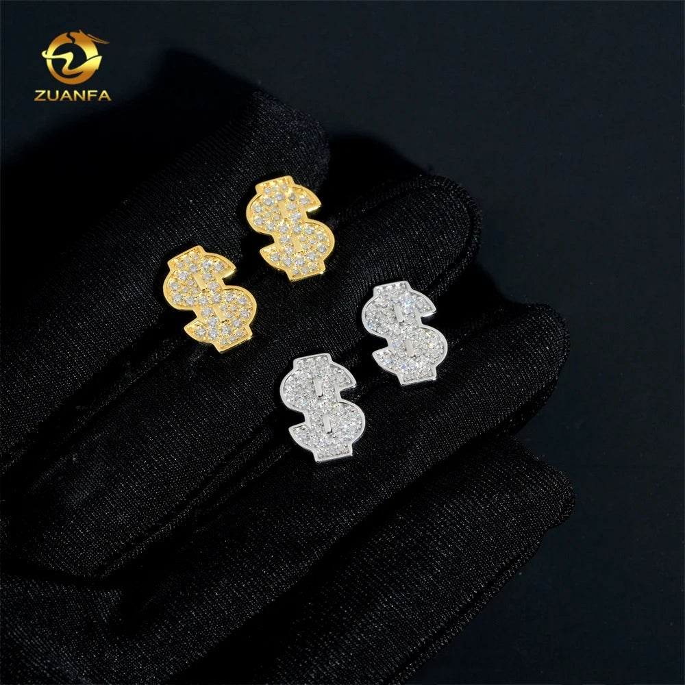 Hip Hop Jewelry Dolloar Sign 925 Silver Moissanite Iced Out Mens Stud VVS Diamond Earrings