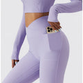 Plain Color High Waist Fitness Tight Hip Lifting Pocket Ribbed  V Waist Yoga Leggings