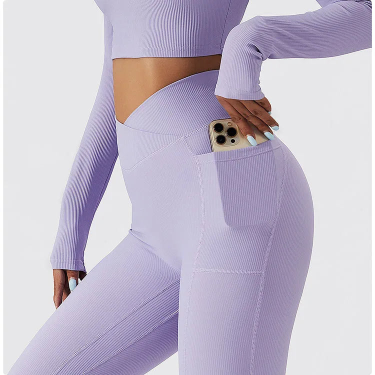 Plain Color High Waist Fitness Tight Hip Lifting Pocket Ribbed  V Waist Yoga Leggings