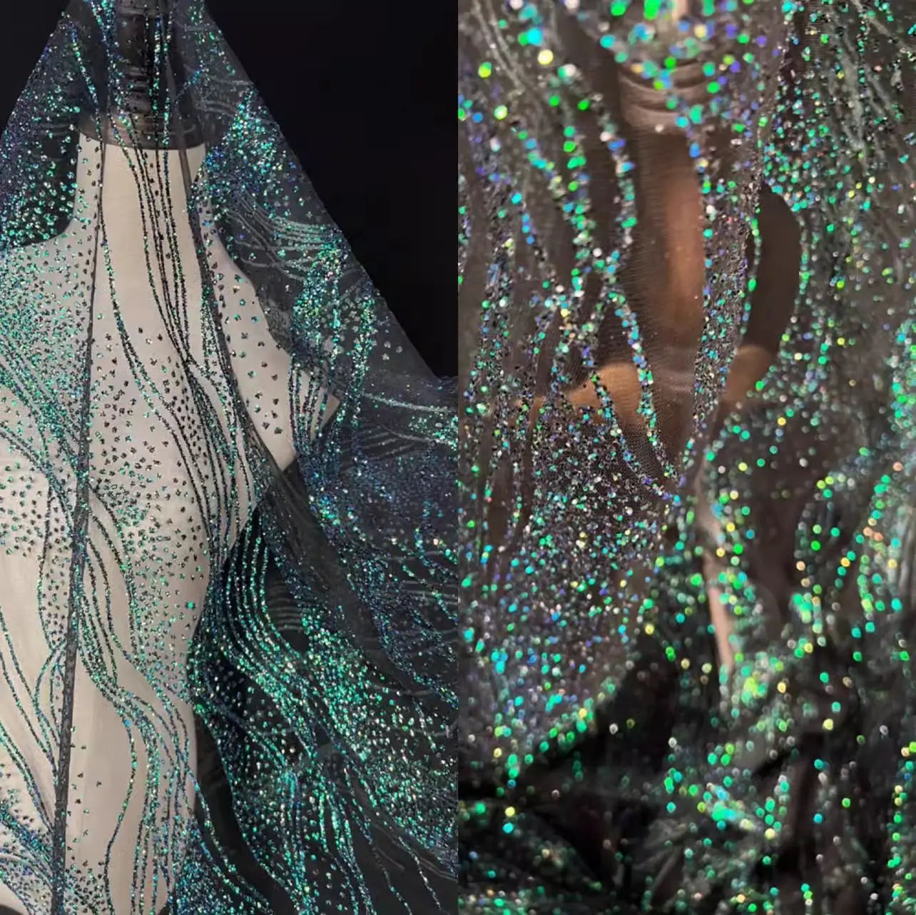 Wholesale Shining Silver Powder Spraying Glued Glitter Green Water Wave Foil Glitter Lace Mesh Tulle Fabrics for Women Dress