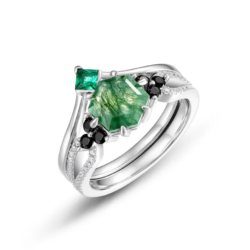 925 Sterling Silver Radiant Hexagon Cut Green Moss Agate Engagement Ring Silver Set for Anniversary Celebrations
