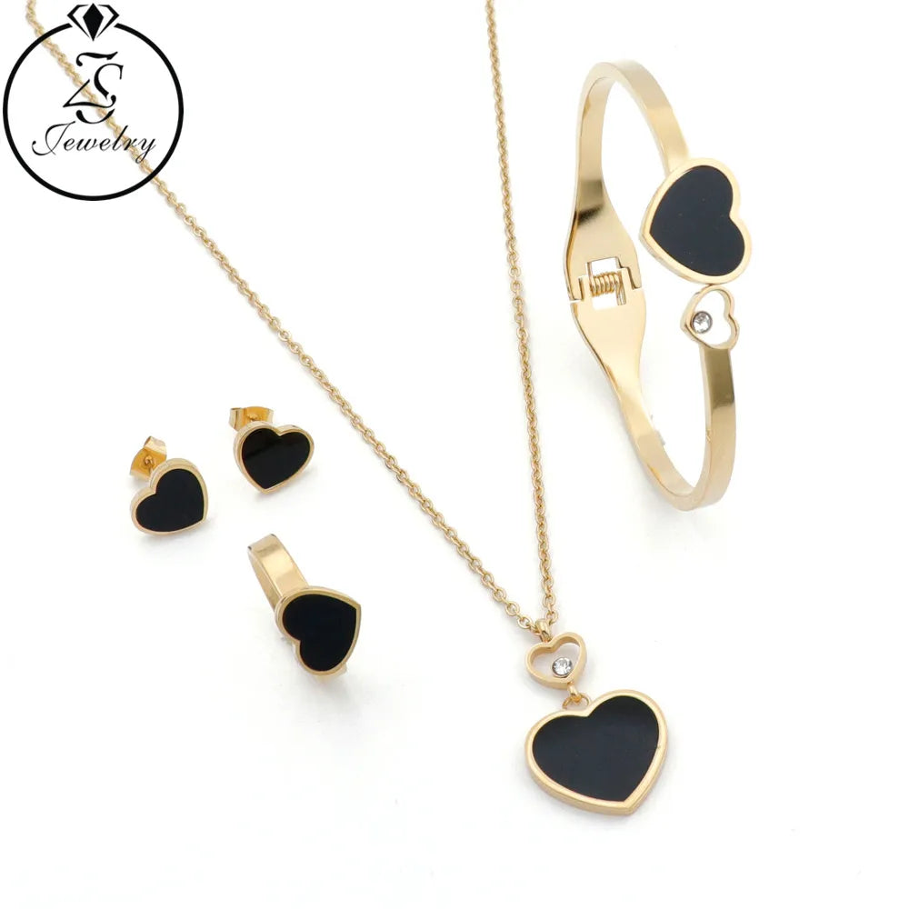 Girls Stainless Steel Jewelry Set Gold-Plated Heart Necklace Earrings and Bracelets for Weddings Parties and Engagements