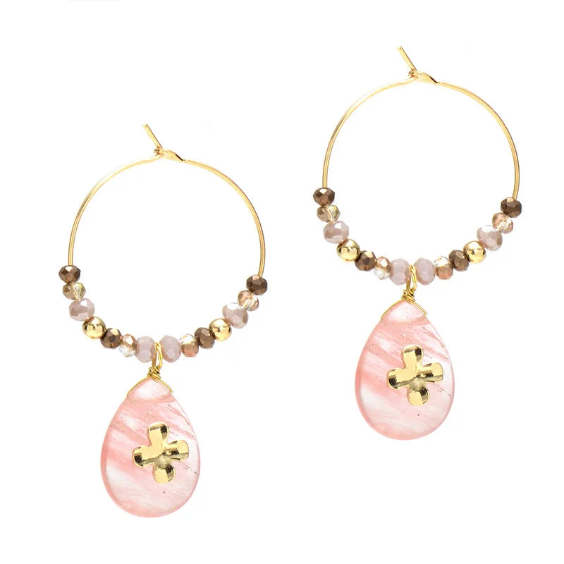 Bohemian Gemstone Stainless Steel Earring pink Natural Stone Beaded Jewelry Hoop Earrings for Women