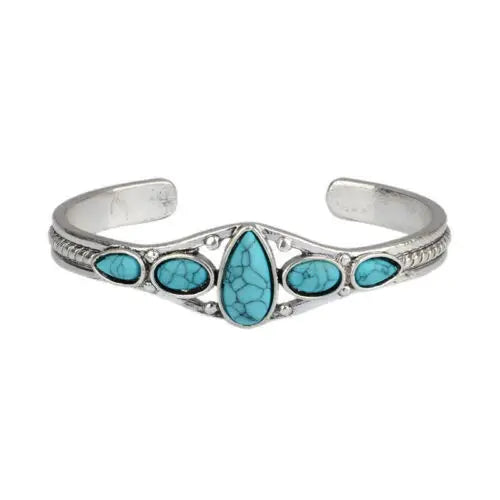 Vintage-Style Turquoise Bohemia Bangle Bracelet Adjustable Openwork Geometric Openwork Cuff for Women Engraved Turquoise Bangle