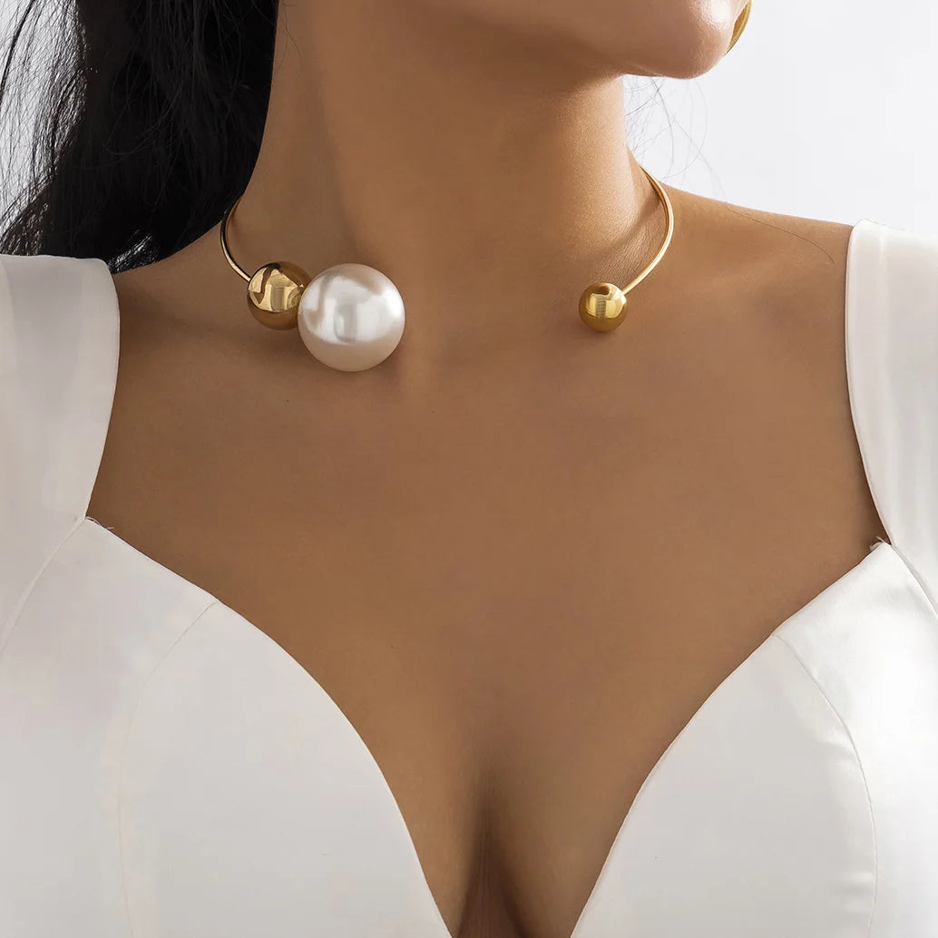 Gold Plated Luxury One Layer Pearl Collar Choker Necklace Vintage Big Pearl Choker Necklaces Women