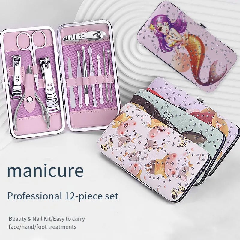 Travel Accessionary 12PCS Manicure Kits Nail Clipper Finger Toe Care Tool Set With Leather Case