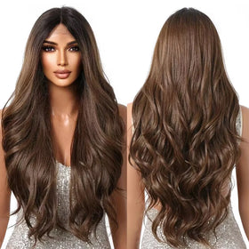 Long Wavy Natural Hairline Lace Front Synthetic Wigs Brown Middle Part Wigs for Women Daily Cosplay Heat Resistant Wigs 13x1x5