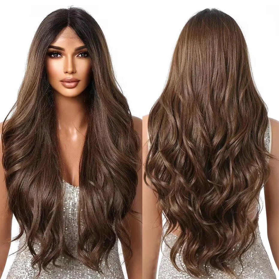 Long Wavy Natural Hairline Lace Front Synthetic Wigs Brown Middle Part Wigs for Women Daily Cosplay Heat Resistant Wigs 13x1x5