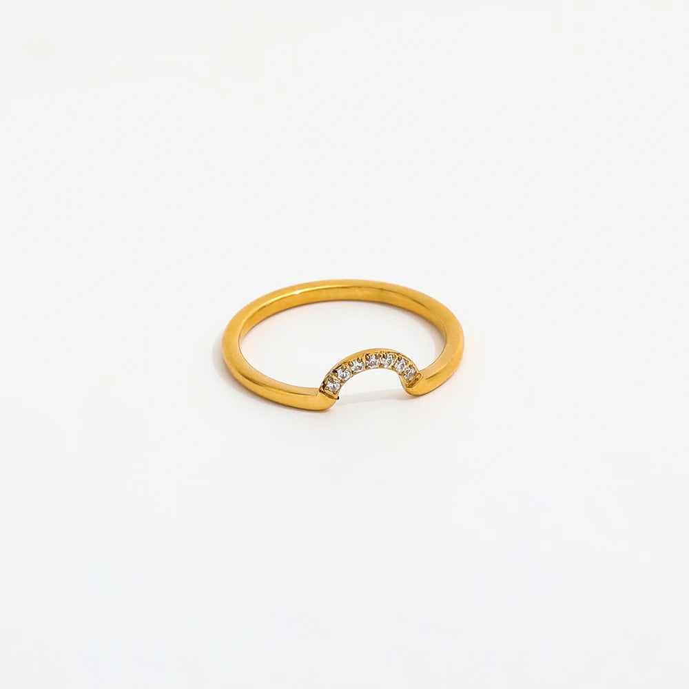Fenny 18K Gold Plated Tarnish Free Stylish Fine Dainty Zirconia Half Circle Stainless Steel Finger Ring for Women